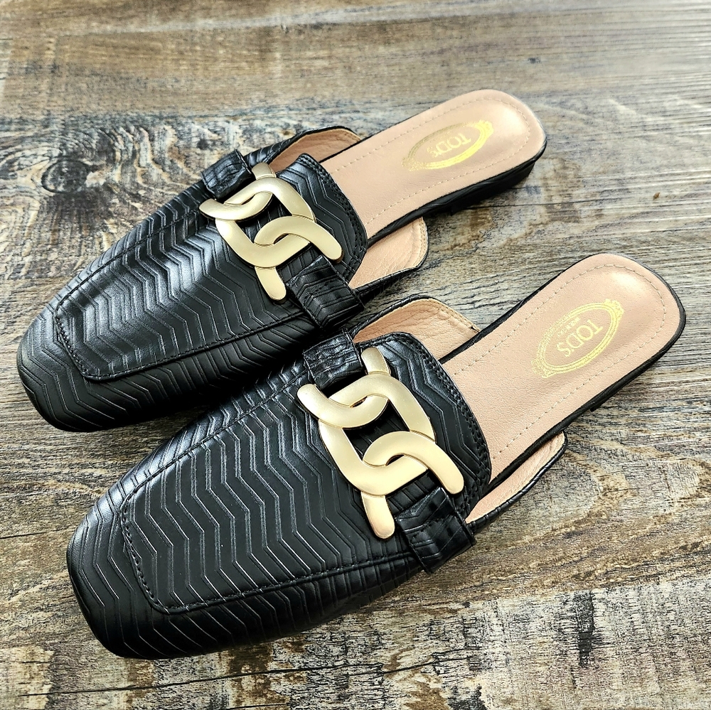 Tod's Gold Chain Mules, Black Leather, Made in Italy, Women's Size 40